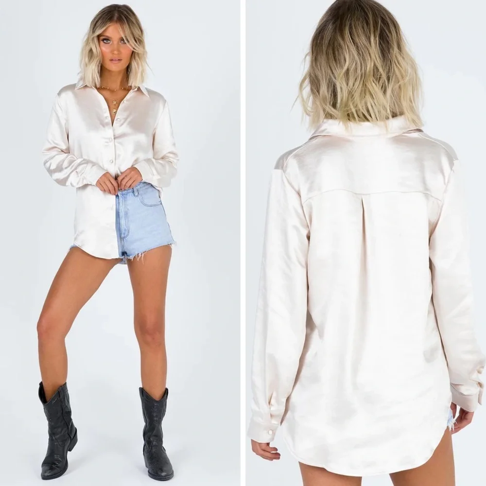 New Princess Polly Vintage vibes satin shirt in Champagne Size 0 - Picture 4 of 9